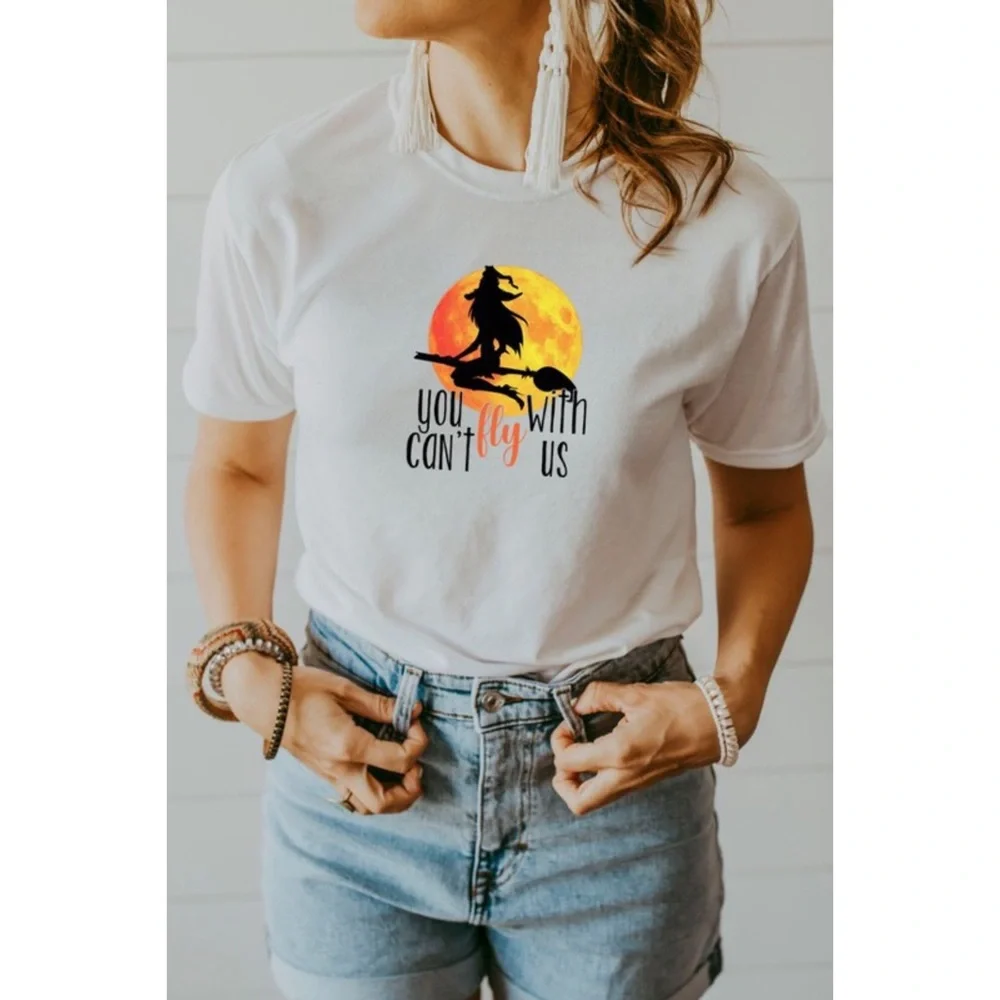 Halloween Flying Witch Premium Graphic Tee You Can’t Fly With Us Sublimation Ink - Picture 6 of 7